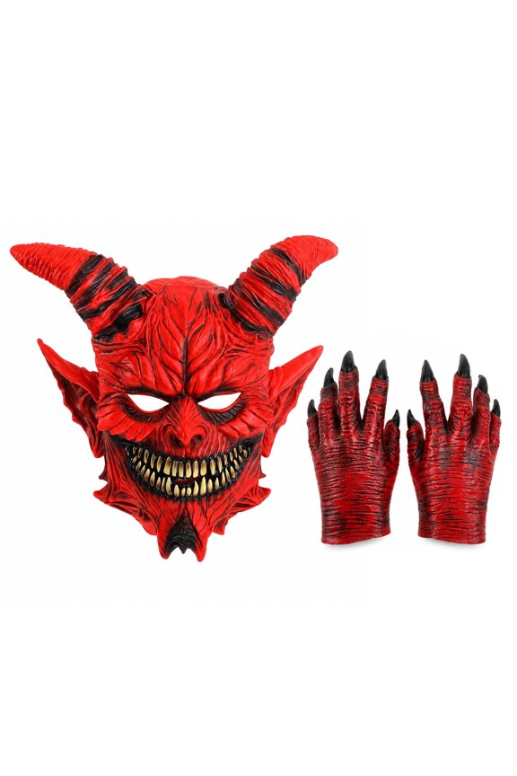 Demon Mask & Claw Gloves Set Realistic Latex Devil Full Face Mask for Halloween Costume Haunted House Dress-Up