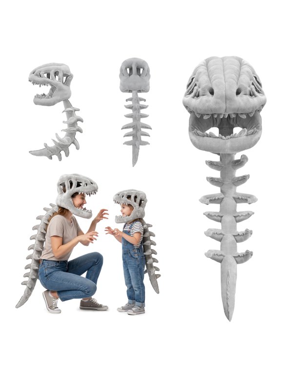 Dinosaur Skeleton Costume for Kids, 3D Plush Spinosaurus Skull Mask & Spine Tail for Halloween Cosplay Party Dress-Up Props
