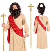 Bulex Jesus Robe Costume for Adults, Biblical Religious Outfit with Wig & Cross Staff for Christmas Easter Church Plays Party Cosplay