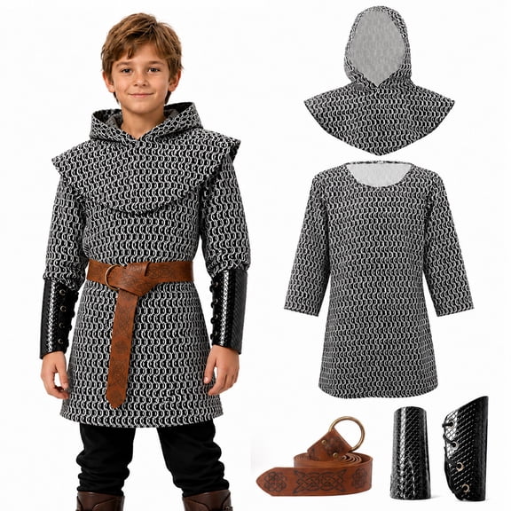 Bulex Medieval Chainmail Knight Costume for Kids, Renaissance Warrior Tunic Outfit with Hooded Cape for Halloween Cosplay LARP Party Dress‑Up