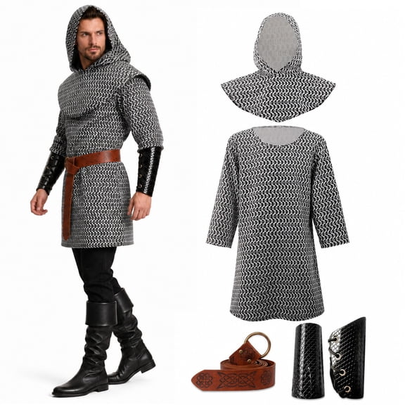 Bulex Medieval Knight Costume for Adults, Renaissance Chainmail Warrior Tunic Outfit with Hooded Cape for Halloween Cosplay LARP Party Dress‑Up
