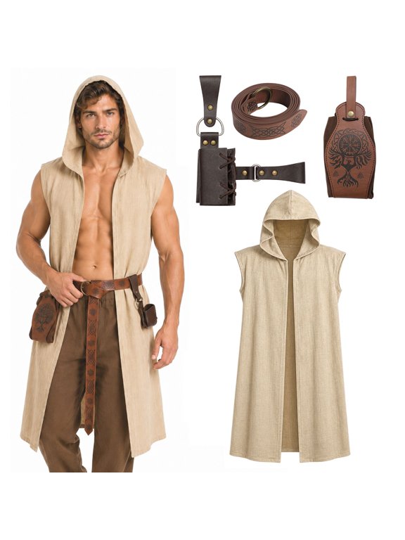 Men Medieval Hooded Cloak Tunic Costume, Renaissance Sleeveless Surcoat Viking Outfit with Belt & Pouch for Halloween Cosplay, LARP