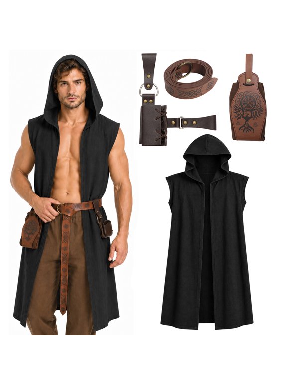 Men Medieval Hooded Cloak Tunic Costume, Renaissance Sleeveless Surcoat Viking Outfit with Belt & Pouch for Halloween Cosplay, LARP