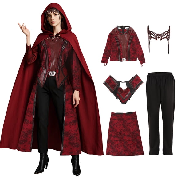 Bulex Sorceress Witch Costume for Women, Adult Red Hooded Cloak Outfits Set for Halloween Cosplay Party Fancy Dress-Up