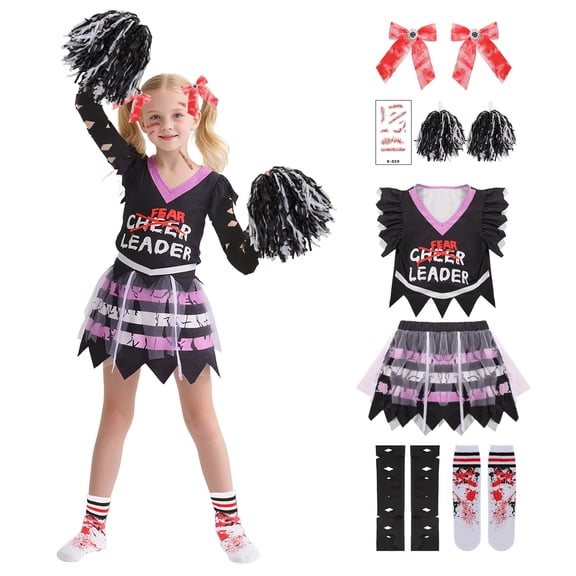 Bulex Terrifying Cheerleader Costume for Girls, Sleeveless Cheerleading Dress Outfit for Halloween Party Dress-Up