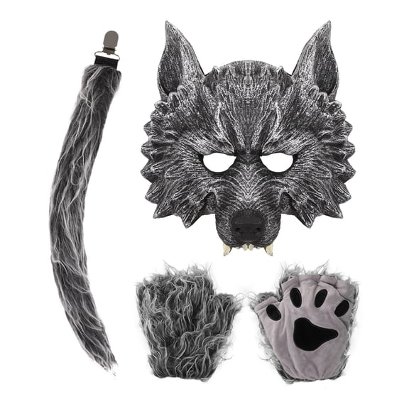 Bulex Werewolf Costume Accessory Kit Realistic Wolf PU Mask with Wolf Tail and Furry Paw Gloves for Adult Teen Halloween Haunted House Trick or Treat Dress-Up Prop