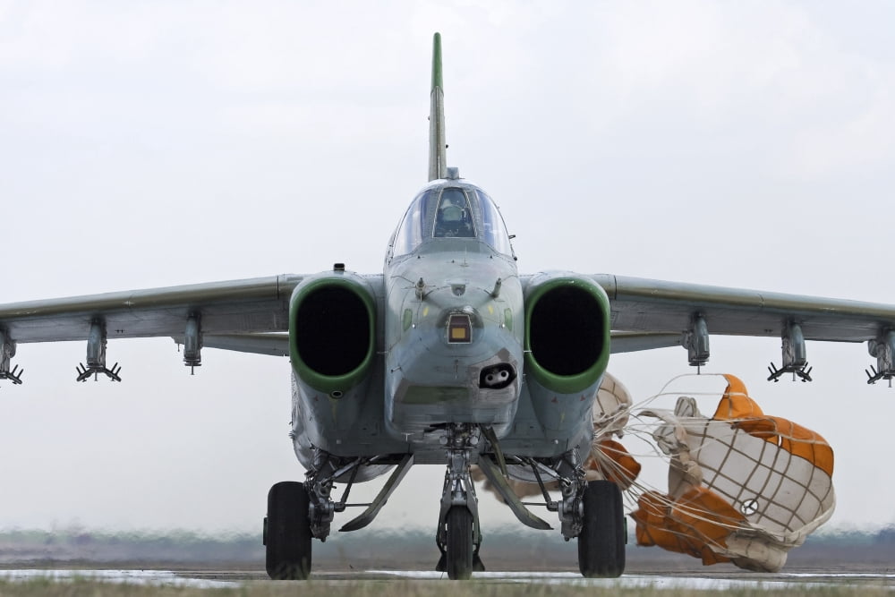 Bulgarian Air Force Sukhoi Su-25K with braking chute Canvas Art - Anton BalakchievStocktrek Images (18 x 12)