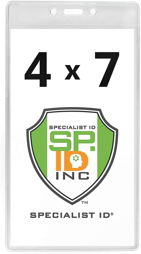 Bulk 100 Pack - 4 x 7 Extra Large Clear Vinyl Badge Holders - Heavy Duty Vertical Plastic Name Tag Sleeves for Pit Pass, Press Credential, Sports and Season Tickets by Specialist ID