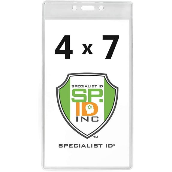 Bulk 100 Pack - 4 x 7 Extra Large Clear Vinyl Badge Holders - Heavy Duty Vertical Plastic Name Tag Sleeves for Pit Pass, Press Credential, Sports and Season Tickets by Specialist ID