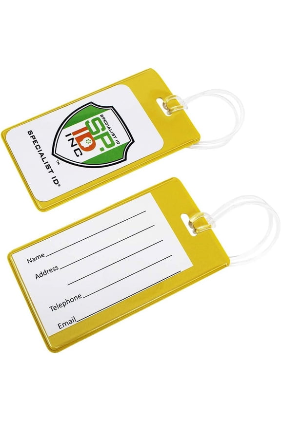 Bulk 100 Pack - Backpack ID Luggage Tags for Student Identification & Business Cards - School Name Badge Holder for Backpacks - Sturdy Plastic Suitcase Tags/Clear Window by Specialist ID (Yellow)