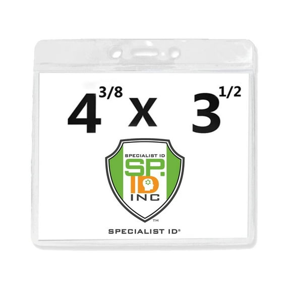 Bulk 100 Pack - Clear Name Badge Holder 4x3 - Heavy Duty Extra Large 4 3/8 x 3 1/2 Plastic Horizontal Name Tag Sleeve for Conference, Trade Show Exhibitor Events by Specialist ID
