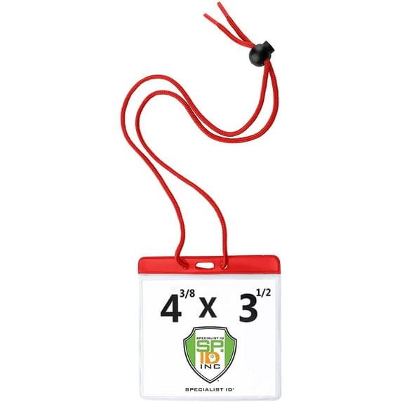 Bulk 100 Pack - Color Badge Holder Horizontal with Lanyard - Extra Large Color Top Card Sleeve (4 1/2 X 3 1/2 - Max Insert) w/ Solid Color Neck Cord for Events / Conventions by Specialist ID (Red)