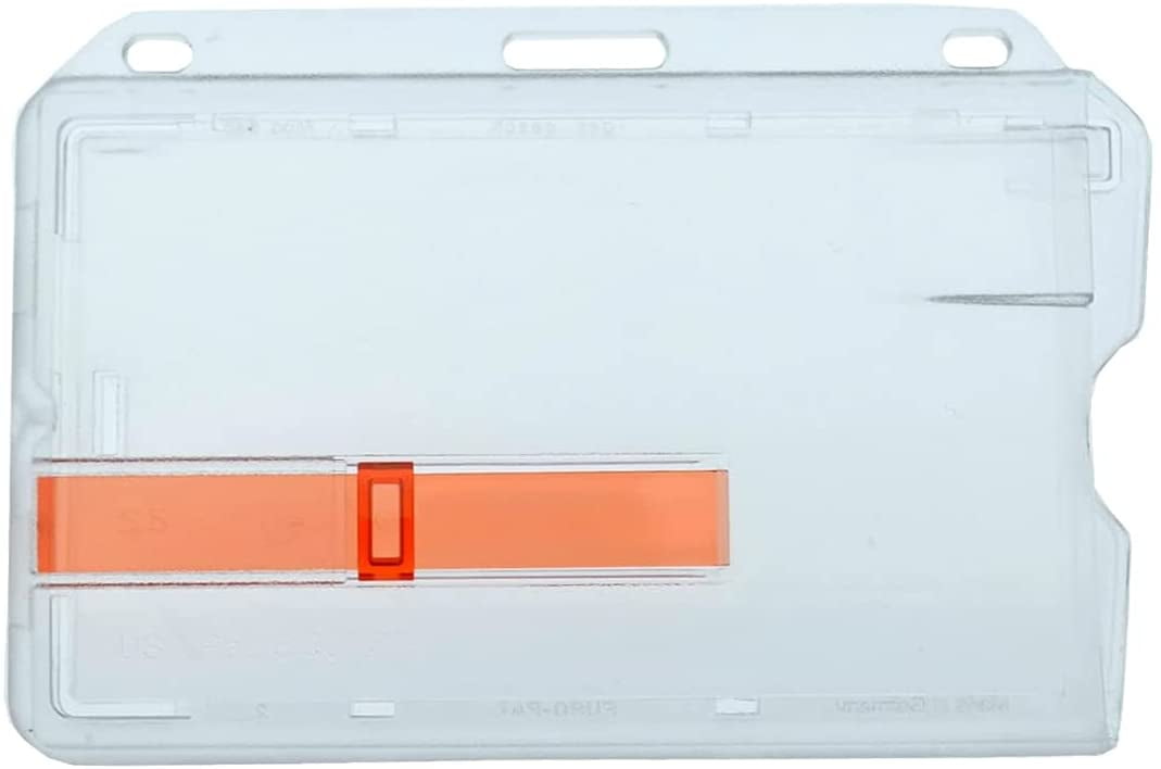 Bulk 100 Pack - Heavy Duty Hard Plastic Horizontal Badge Holder with Red Extractor Slide Out Tab - Easy Access Clear I'D Card Protector Case for Single Standard Credit Card Size Cards by Specialist ID