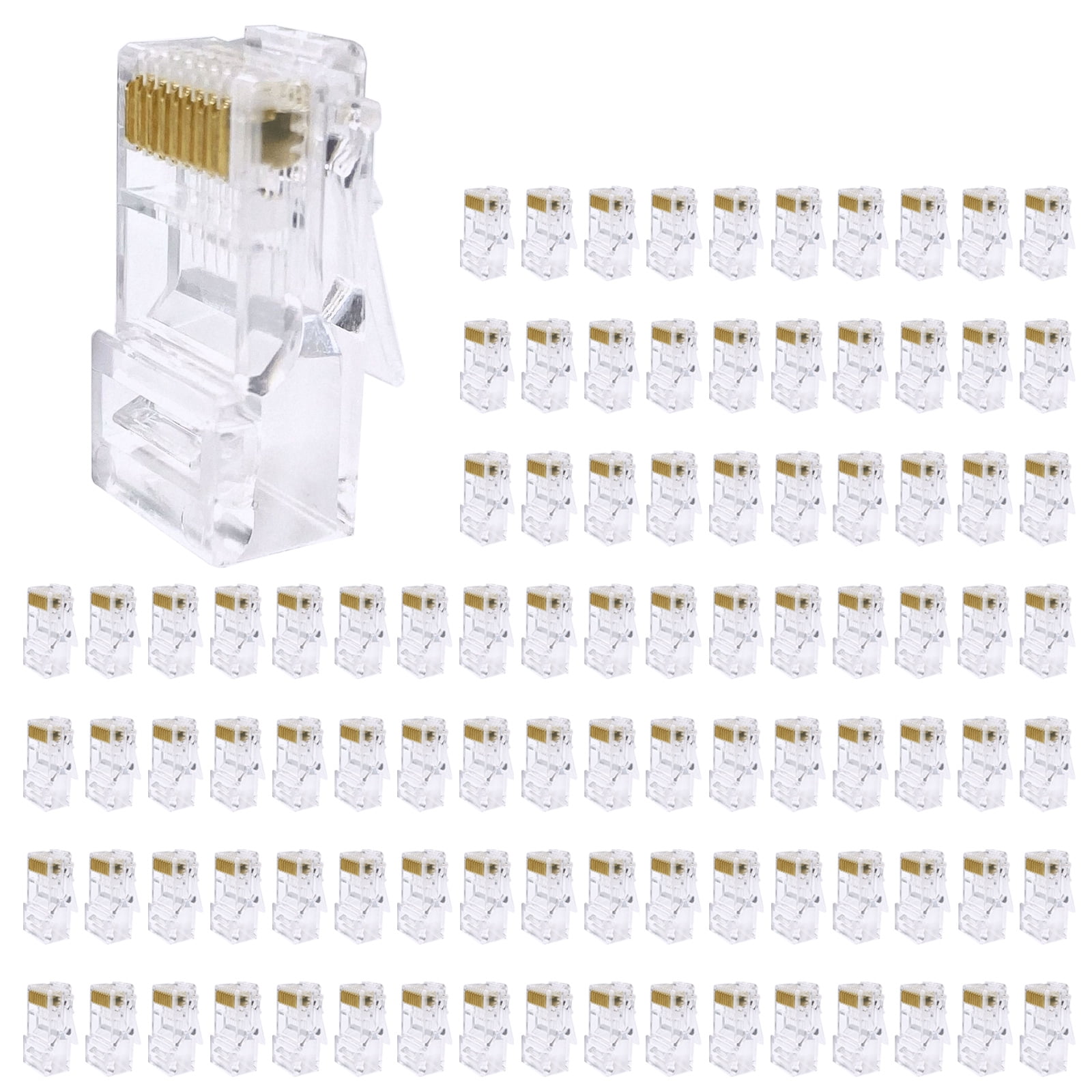 Bulk 100Pcs Cat5e RJ45 Crimp Connectors 8 Position Gold Plated ...