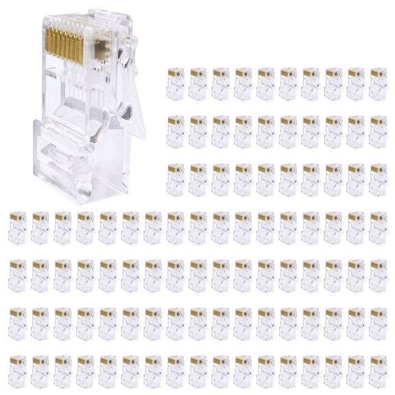 Bulk 100Pcs Cat5e RJ45 Crimp Connectors 8 Position Gold Plated Terminals for Ethernet Wiring