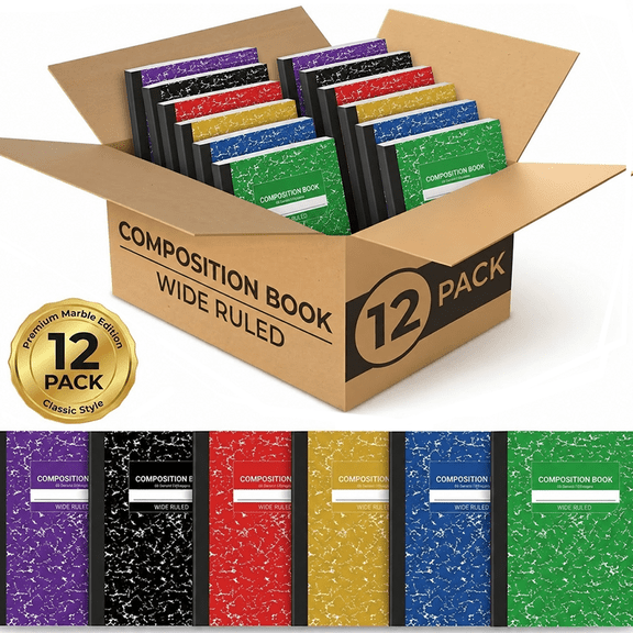 Bulk 12-Pack Marble Composition Notebooks, 7.5x9.75" Hardcover, 60 Sheets 8.5mm Wide Ruled, 6 Colors