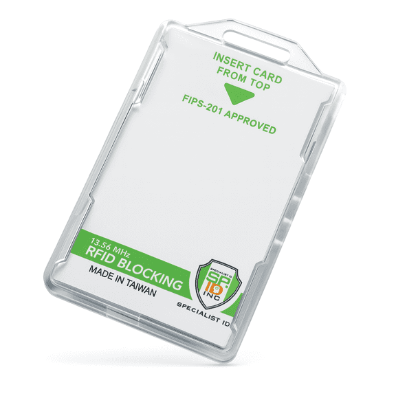 Bulk 20 Pack - SPECIALIST ID RFID Blocking Badge Holder - Secure 2 Card Holder for Government, HSPD-12, CAC, TWIC, PIV, Smart Cards - Durable Hard Plastic, Dual Sided, RFID Badge Protection (Clear)