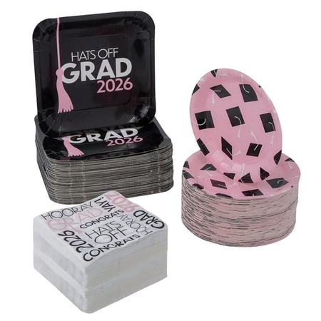 Bulk 2026 Pink Hats Off Grad Party Disposable Tableware Set for 100 Guests