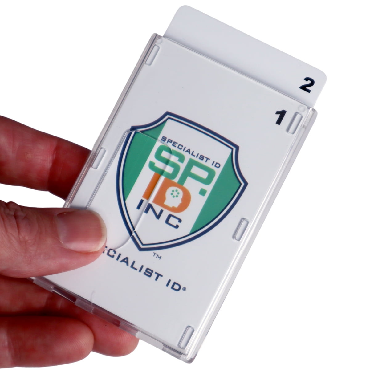 Bulk 25 Pack - Heavy Duty Crystal Clear Badge Holders (Hold Two Cards) - Vertical Dual Sided Card Cases - Polycarbonate Rigid/Hard Plastic with Secure Top Load by Specialist ID