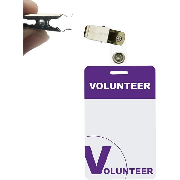 Bulk 25 Pack - Heavy Duty Plastic Volunteer Badges with Clothing Friendly Clip - Reusable Custom Name Tags - Purple Volunteer Design Card for School, Office, Hospital by Specialist ID (Purple)