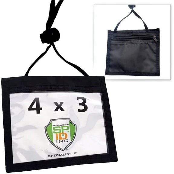 Bulk 25 Pack - Nylon Neck Wallet Badge Holder with Lanyard - 4 X 3 Credential & Travel Badge Holder with 3 Pockets - Clear Plastic 4X3 Horizontal Window, Zipper Pouch + by Specialist ID
