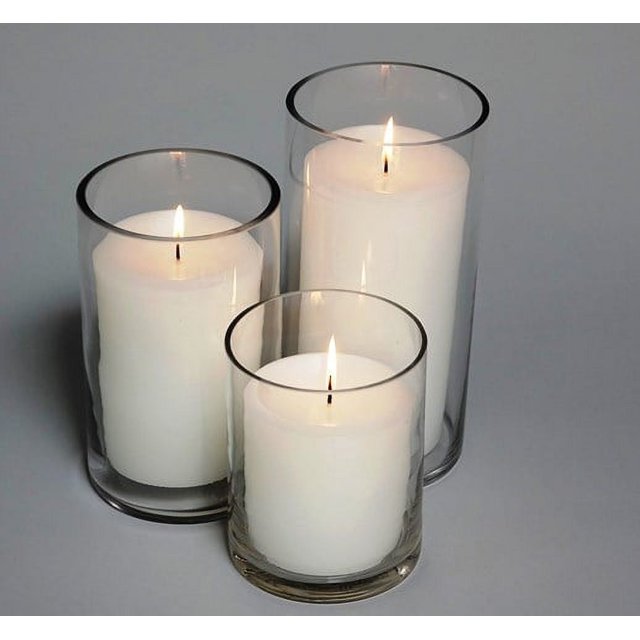Bulk 4" White Pillar Candles & 5" Cylinder Vases (18 Candles + 18 Vases