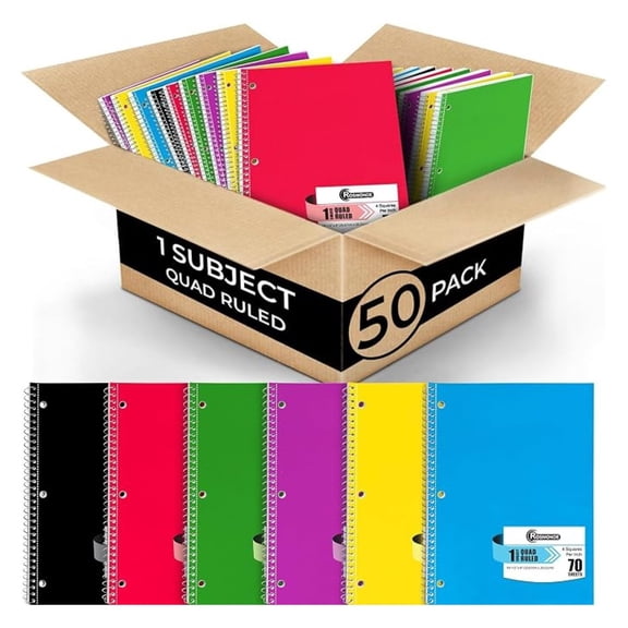 Bulk 50 Pack, 1 Subject Spiral Notebook Graph Paper, 140 Pages (70 Sheets), 8.5 x 10.5, Bulk 4x4 Grid Quad Ruled Spiral Notebook, 3 Hole Punched, Bulk Quad Ruled Graph Paper Spiral Notebooks