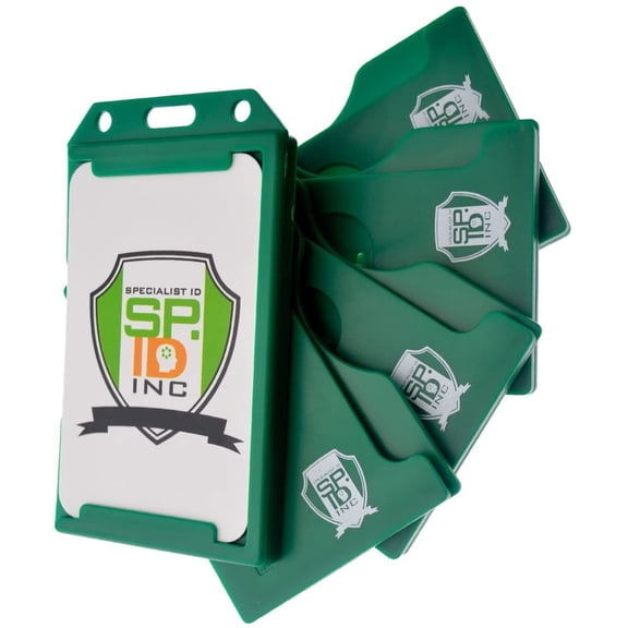Bulk 50 Pack - Green Hard Plastic Badge Holder Vertical - Side Load 2 Card Protector - Multiple Card ID Badge Holders - Heavy Duty Rigid/Hard Plastic by Specialist ID (Green)