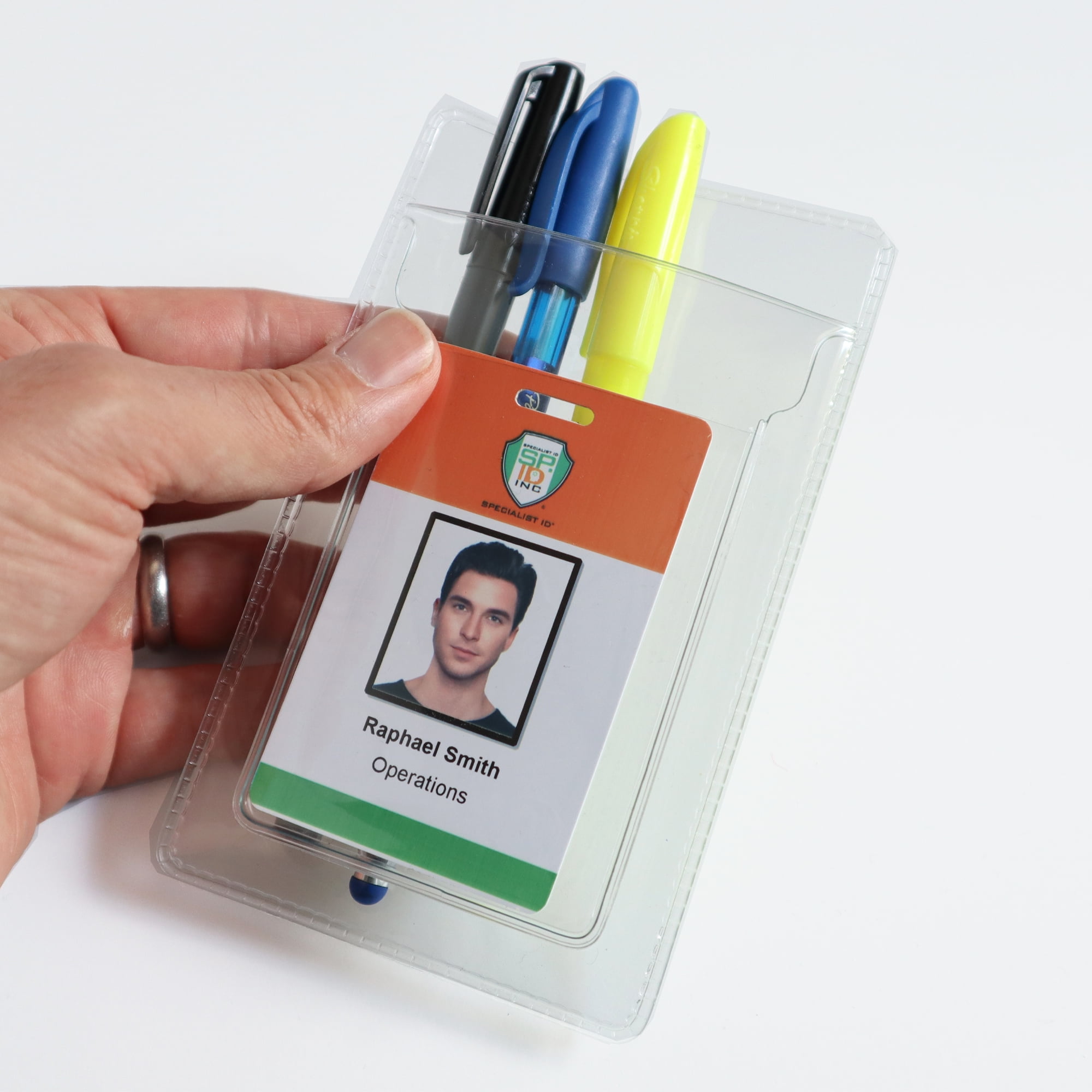 Bulk 50 Pack - Heavy Duty Pocket Protector with Vertical ID Badge Holder - Clear Plastic Shirt/Lab Coat Pocket Pouch Organizer for Pens, Pencils, Small Tools, Name Tags and More by Specialist ID