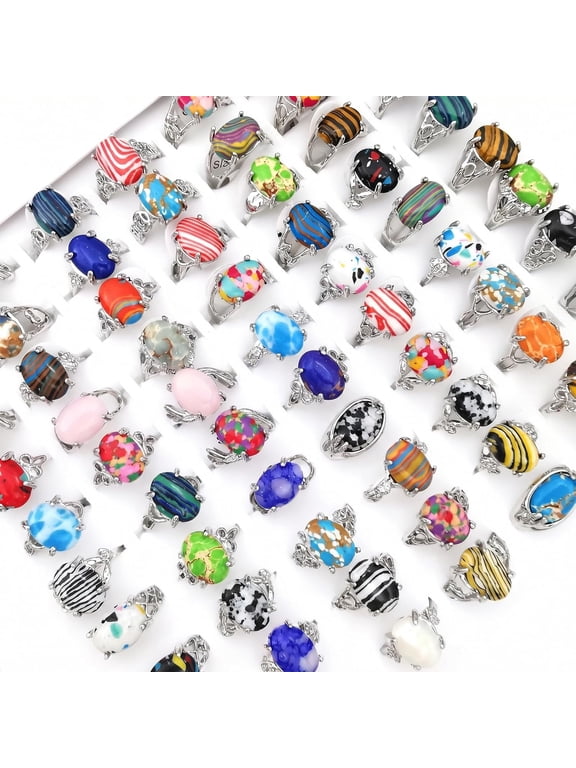 Bulk 50PCS Boho Vintage Rings for Women, Natural Mixed Color Malachite Alloy Rings, for Wholesale Resale Retail Party Favors Wedding Souvenirs