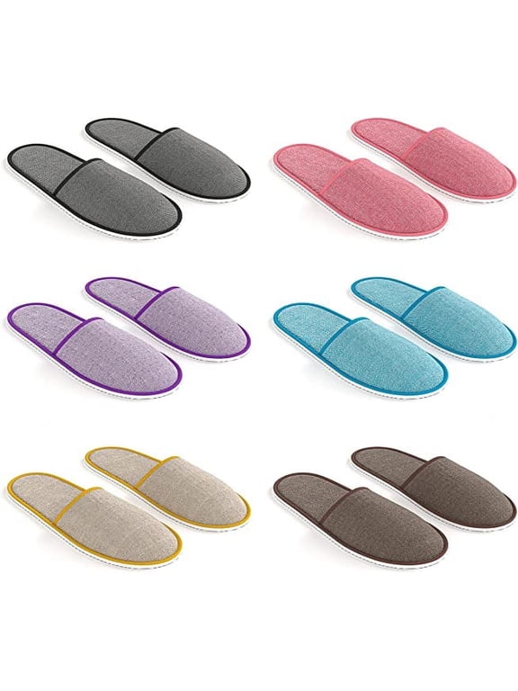 Bulk 6 Pairs Disposable House Slippers for Family, Guests - Mixed Multi Color Linen Indoor Home Spa Hotels Office Slipper for Women, Men