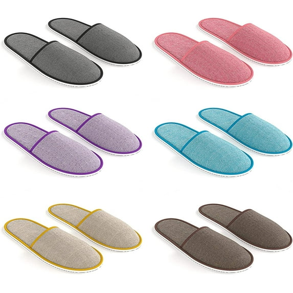 6 Pairs Linen Slippers for Men & Women - One Size Indoor Outdoor Anti-Slip Breathable Soft Fabric Slippers for Hostel, Hotel, Spa, Airplane, House
