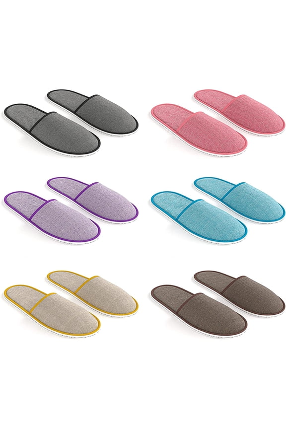 6 Pairs Linen Slippers for Men & Women - One Size Indoor Outdoor Anti-Slip Breathable Soft Fabric Slippers for Hostel, Hotel, Spa, Airplane, House