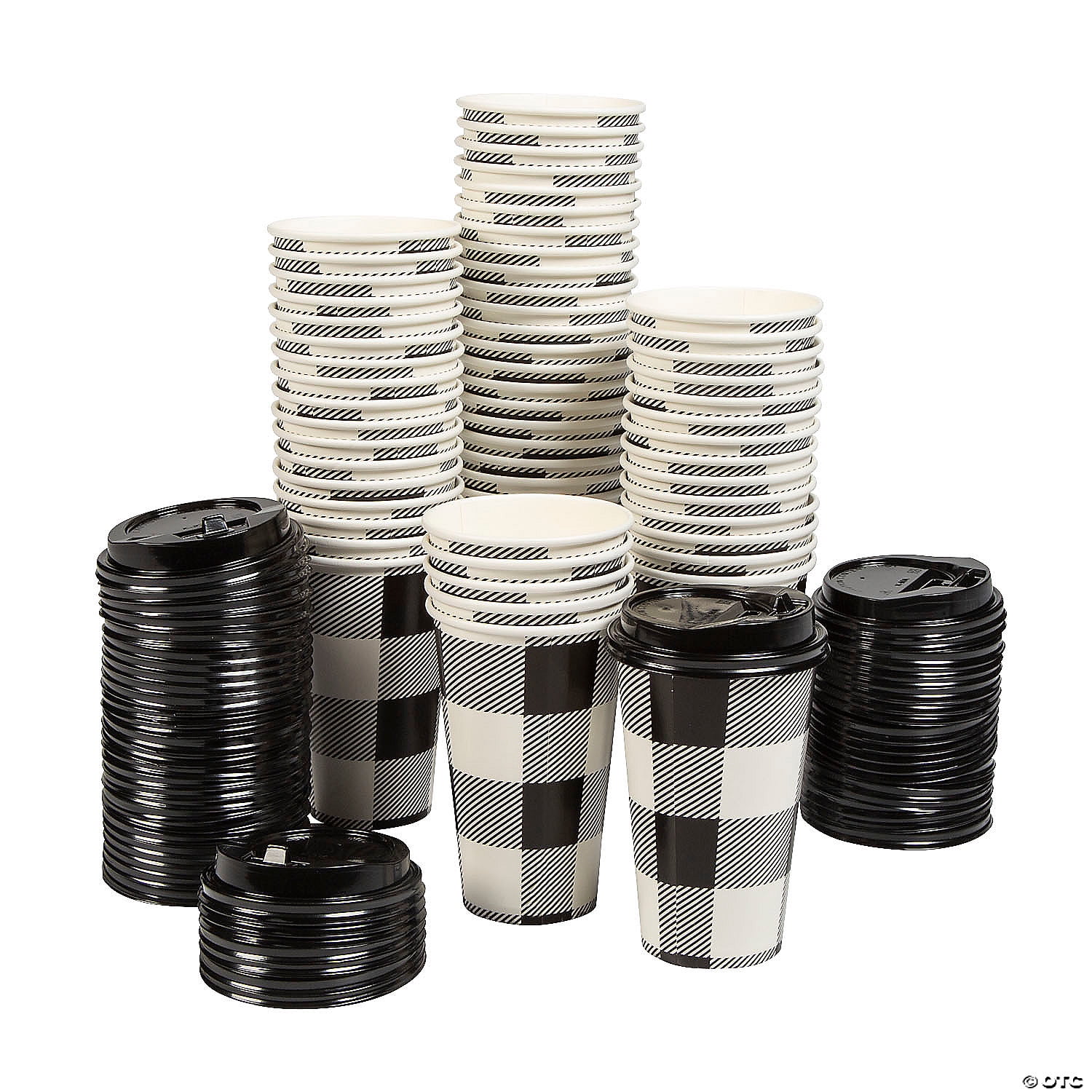 Bulk 60 Count Black Buffalo Plaid Disposable Paper Coffee Cups with Lids