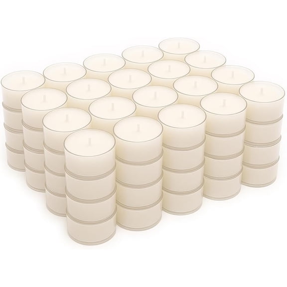 Bulk 96 Pack Unscented Smokeless Long Burning Clear Cup Tea Light Candles with 8 Hour Extended Burn Time, White