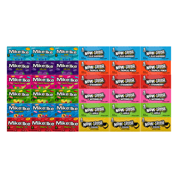 Bulk Assorted Candy Mix Variety Pack, 6 Flavors of Mike and Ike & 6 Flavors of Now and Later, 3 Each Flavor, Individually Wrapped Chewy Candy, Great for Parties, Snacks & Gift Boxes, 36 Pack