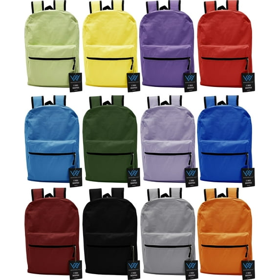 Bulk Backpacks, 12 Pack 17" Zippered Lightweight Outdoor Travel Gym Corporate Events Bag