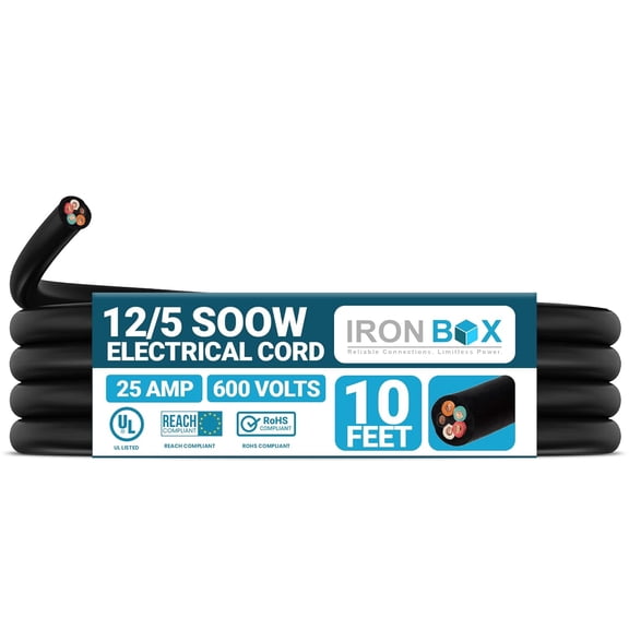 Bulk Cable - SOOW Jacket - 12 Gauge,5 Wire - Rated for 600V,25A - Water & Oil Resistant Cable for Indoor/Outdoor Use - Ideal for Generators, Circuits & Data Centers (10 feet)