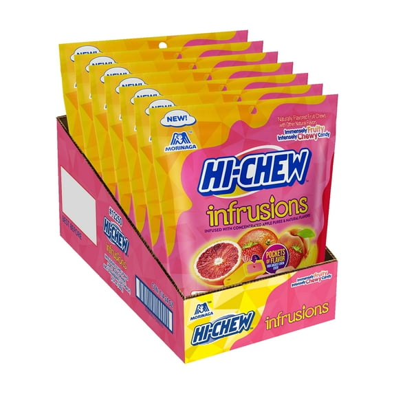 HI-CHEW Infrusions Blood Orange, Stawberry, Peach, 7 Mini Stand Up Pouches, 4.24oz each - Fun Soft & Chewy Candy - Immensely Juicy Fruity Candy Flavors - Individually Wrapped for Sharing