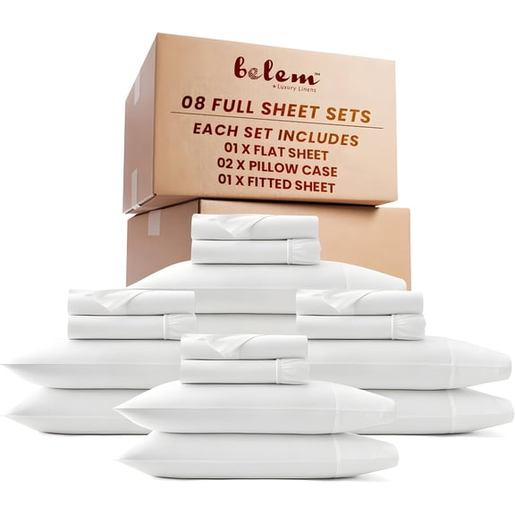Bulk Case Pack of Full Sheet Sets - 08 Complete Bulk Sheet Sets - Includes 1xFlat 1xFitted, 2xPillowcase Per Set - Full Size Sheets Set - Wholesale Bulk Sheets for Hotels, Airbnb & Vacation Rentals