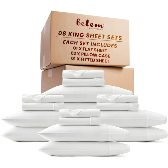 Bulk Case Pack of King Sheet Sets - 08 Complete Bulk Sheet Sets - Includes 1xFlat, 1xFitted, 2xPillowcase Per Set - King Size Sheets Set in Bulk - Bulk Sheets for Hotels, Airbnbs & Vacation Rentals