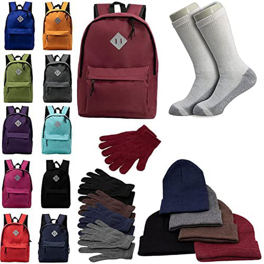 Bulk Case of 12 Backpacks and 12 Winter Item Sets and 12 Socks