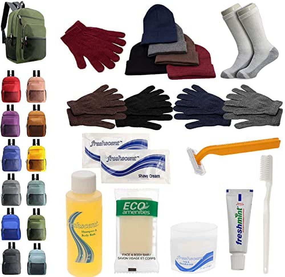 Bulk Case of 12 Backpacks and 12 Winter Item Sets and 12 Toiletry Kits