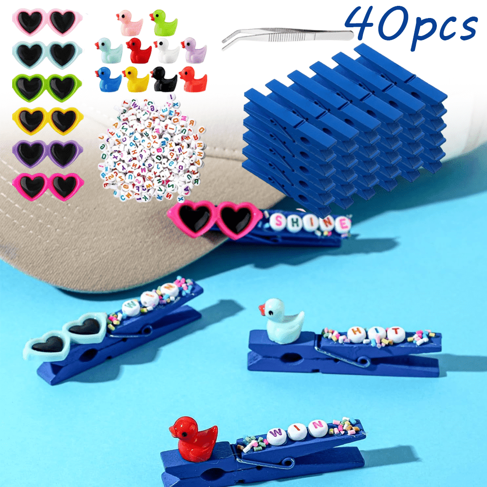 VioraWhite Cheer Pins & DIY Kit - 40 Wooden Spirit Clips With Resin Ducks & Beads For Backpack Decor (Rose Red)