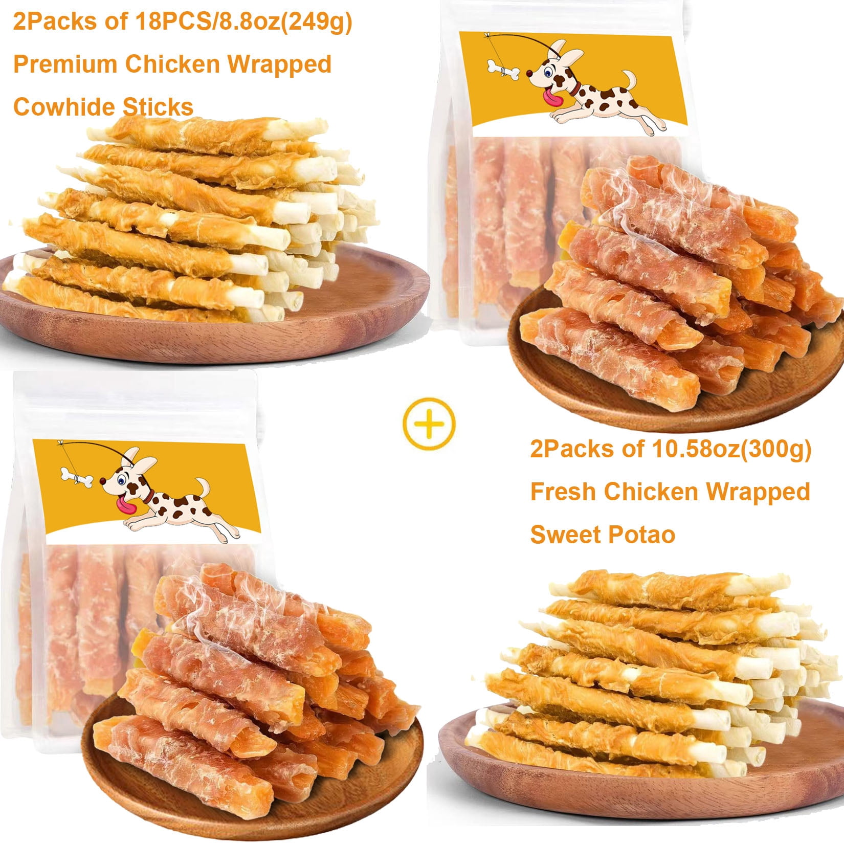 Bulk Chicken Dog Treats Pack – 2× 10.58oz Chicken Wrapped Sweet Potato Jerky & 2× 18pcs (8.8oz) Chicken Wrapped Rawhide Sticks – Natural Grain-Free Chews for Training & Dental Health, Large Dogs