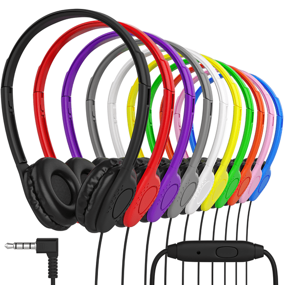 Bulk Classroom Student Headphones with Microphone, On Ear Stereo Headphones with Mic & Faux Leather Cushions for Kids Online Learning, Library, School, Airplane, Travel - 3.5mm Plug - 300 Pack