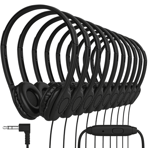 Bulk Classroom Student Headphones with Microphone, On Ear Stereo Headphones with Mic & Faux Leather Cushions for Kids Online Learning, Library, School, Airplane, Travel - 3.5mm Plug - 50 Pack