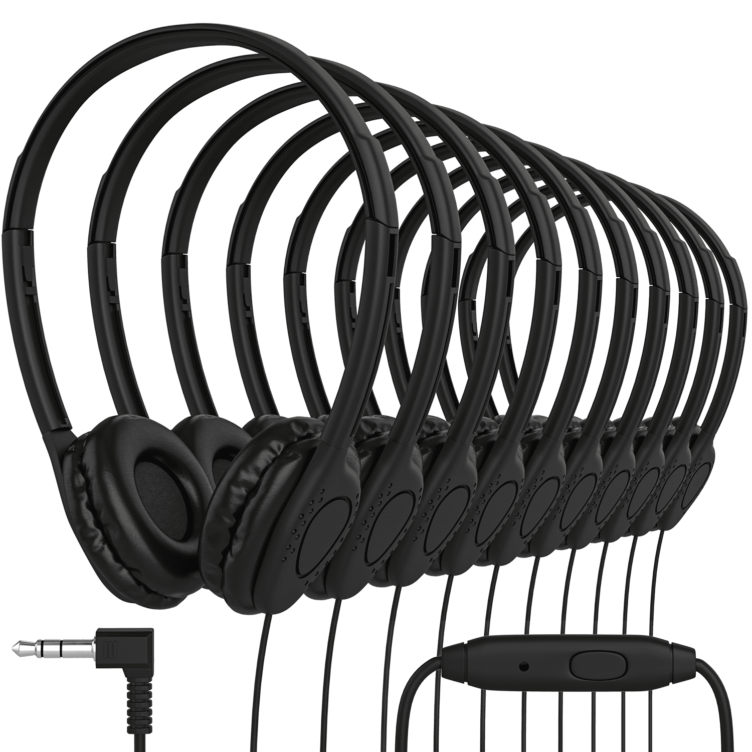 Bulk Classroom Student Headphones with Microphone, On Ear Stereo Headphones with Mic & Faux Leather Cushions for Kids Online Learning, Library, School, Airplane, Travel - 3.5mm Plug - 50 Pack