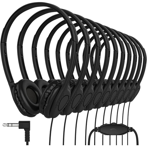 Bulk Classroom Student Headphones with Volume Control, On Ear Stereo Headphones with Faux Leather Cushions for Kids Online Learning, Library, School, Airplane, Travel - 3.5mm Plug - 10 Pack - Black