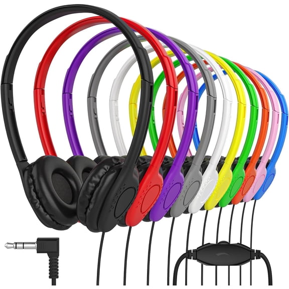 Bulk Classroom Student Headphones with Volume Control, On Ear Stereo Headphones with Faux Leather Cushions for Kids Online Learning, Library, School, Airplane, Travel - 3.5mm Plug - 200 Pack